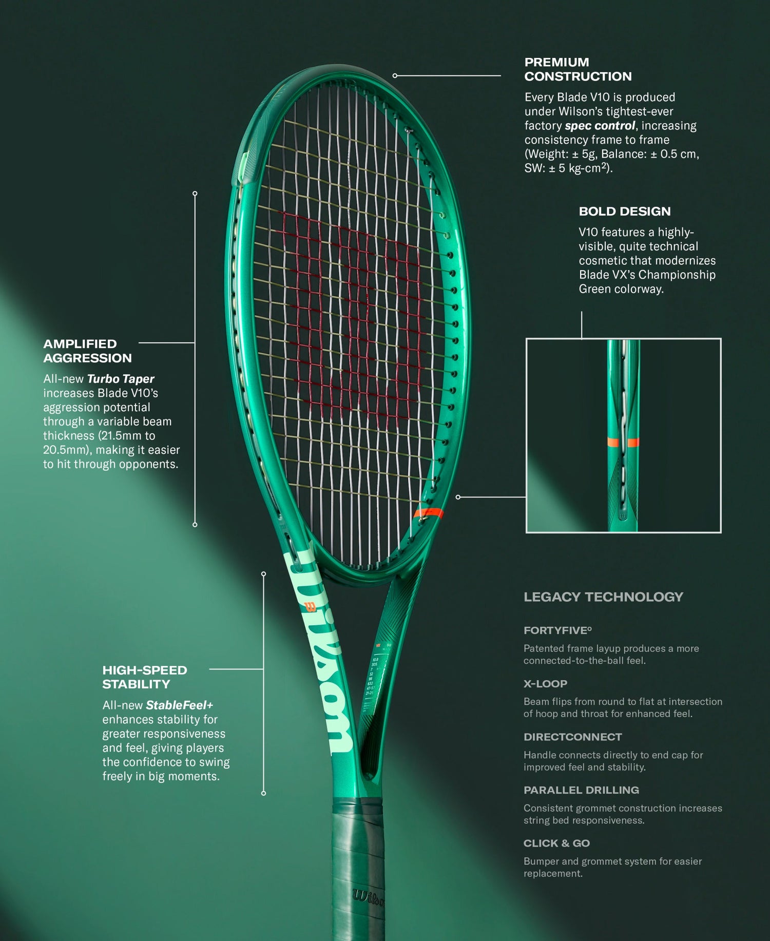 Drei Tennisschläger der neuen Blade v9 Serie liegen angelehnt an einem Tennisnetz auf einem türkisen Hardcourt Tennisplatz.